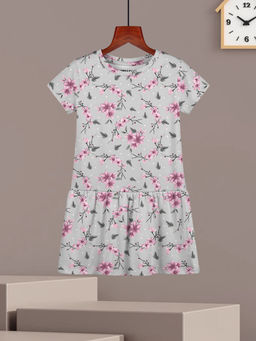 HELLCAT - Girls Light Grey Floral Printed Half Sleeve Casual Knee Length Dress
