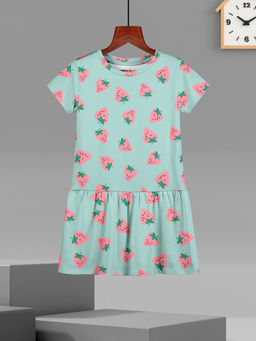 HELLCAT - Girls Sea Green Printed Half Sleeve Casual Knee Length Dress