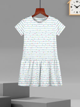 HELLCAT - Girls White Stripe Half Sleeve Casual Knee Length Dress