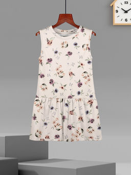 HELLCAT - Girls Beige Floral Printed Sleeveless Casual Knee Length Dress