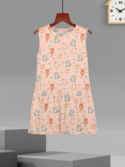 HELLCAT - Girls Peach Printed Sleeveless Casual Knee Length Dress