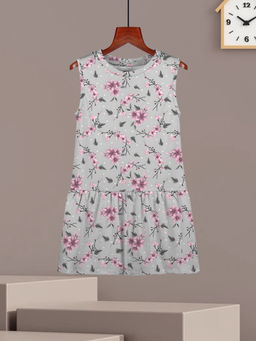 HELLCAT - Girls Light Grey Floral Printed Sleeveless Casual Knee Length Dress