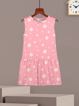 HELLCAT - Girls Pink Floral Printed Sleeveless Casual Knee Length Dress
