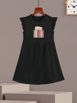 HELLCAT - Girls Black Printed Ruffle Sleeve Casual Knee Length Dress