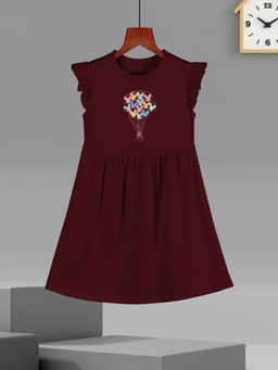 HELLCAT - Girls Burgundy Printed Ruffle Sleeve Casual Knee Length Dress