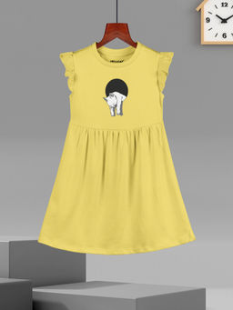 HELLCAT - Girls Yellow Printed Ruffle Sleeve Casual Knee Length Dress