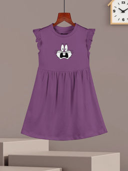 HELLCAT - Girls Mauve Printed Ruffle Sleeve Casual Knee Length Dress