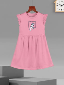 HELLCAT - Girls Pink Printed Ruffle Sleeve Casual Knee Length Dress