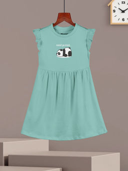 HELLCAT - Girls Sea Green Printed Ruffle Sleeve Casual Knee Length Dress