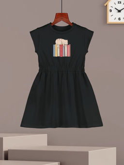 HELLCAT - Girls Black Printed Cap Sleeve Casual Knee Length Dress