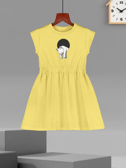 HELLCAT - Girls Yellow Printed Cap Sleeve Casual Knee Length Dress
