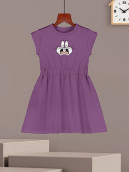 HELLCAT - Girls Mauve Printed Cap Sleeve Casual Knee Length Dress