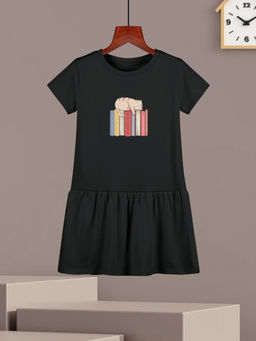 HELLCAT - Girls Black Printed Half Sleeve Casual Knee Length Dress