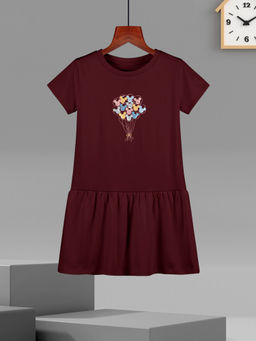 HELLCAT - Girls Burgundy Printed Half Sleeve Casual Knee Length Dress