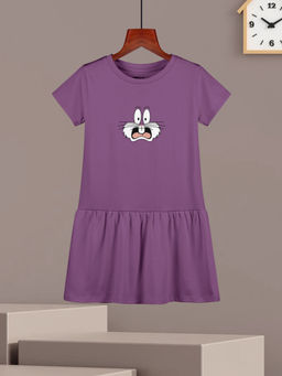 HELLCAT - Girls Mauve Printed Half Sleeve Casual Knee Length Dress
