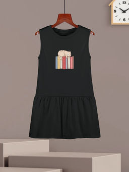 HELLCAT - Girls Black Printed Sleeveless Casual Knee Length Dress