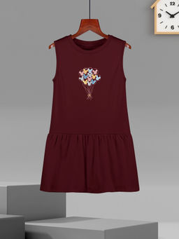 HELLCAT - Girls Burgundy Printed Sleeveless Casual Knee Length Dress