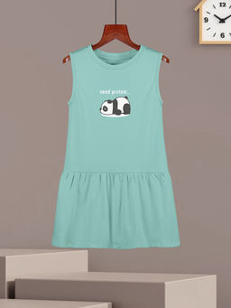 HELLCAT - Girls Sea Green Printed Sleeveless Casual Knee Length Dress