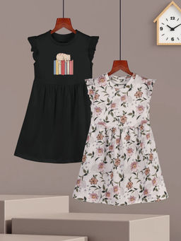 HELLCAT - Girls Black and Lavender Printed Ruffle Sleeve Knee Length Dress (Set of 2)