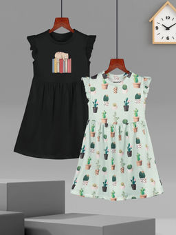 HELLCAT - Girls Black and Mint Green Printed Ruffle Sleeve Knee Length Dress (Set of 2)