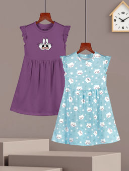 HELLCAT - Girls Mauve and Sky Blue Printed Ruffle Sleeve Knee Length Dress (Set of 2)