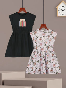 HELLCAT - Girls Black and Lavender Printed Cap Sleeve Casual Knee Length Dress (Set of 2)