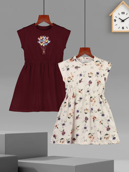 HELLCAT - Girls Burgundy and Beige Printed Cap Sleeve Casual Knee Length Dress (Set of 2)