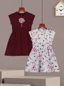 HELLCAT - Girls Burgundy and Light Grey Printed Cap Sleeve Knee Length Dress (Set of 2)