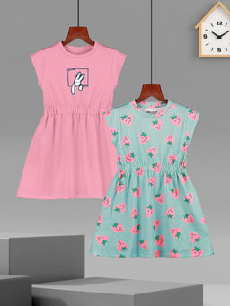 HELLCAT - Girls Pink and Sea Green Printed Cap Sleeve Casual Knee Length Dress (Set of 2)