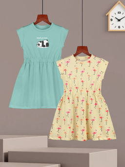 HELLCAT - Girls Sea Green and Yellow Printed Cap Sleeve Knee Length Dress (Set of 2)