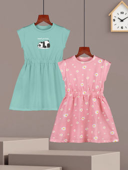 HELLCAT - Girls Sea Green and Pink Printed Cap Sleeve Casual Knee Length Dress (Set of 2)