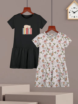 HELLCAT - Girls Black and Lavender Printed Half Sleeve Casual Knee Length Dress (Set of 2)