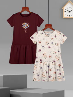 HELLCAT - Girls Burgundy and Beige Printed Half Sleeve Casual Knee Length Dress (Set of 2)