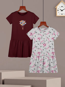 HELLCAT - Girls Burgundy and Light Grey Printed Half Sleeve Knee Length Dress (Set of 2)