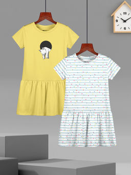HELLCAT - Girls Yellow and White Printed Half Sleeve Casual Knee Length Dress (Set of 2)