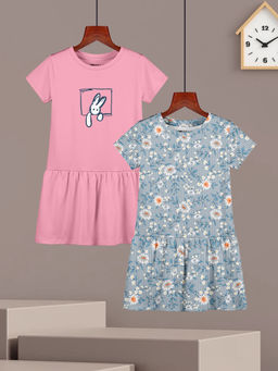 HELLCAT - Girls Pink and Bluish Grey Printed Half Sleeve Knee Length Dress (Set of 2)