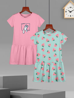 HELLCAT - Girls Pink and Sea Green Printed Half Sleeve Casual Knee Length Dress (Set of 2)