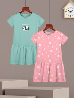 HELLCAT - Girls Sea Green and Pink Printed Half Sleeve Casual Knee Length Dress (Set of 2)
