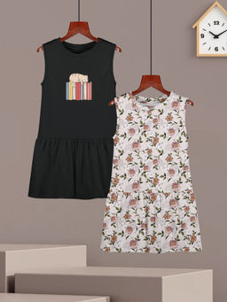 HELLCAT - Girls Black and Lavender Printed Sleeveless Casual Knee Length Dress (Set of 2)