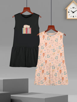 HELLCAT - Girls Black and Peach Printed Sleeveless Casual Knee Length Dress (Set of 2)