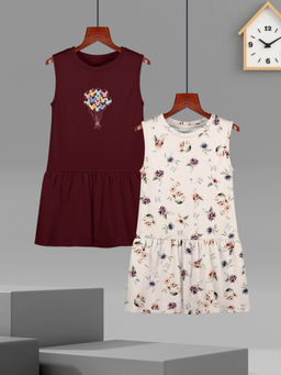 HELLCAT - Girls Burgundy and Beige Printed Sleeveless Casual Knee Length Dress (Set of 2)