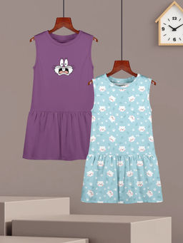 HELLCAT - Girls Mauve and Sky Blue Printed Sleeveless Casual Knee Length Dress (Set of 2)