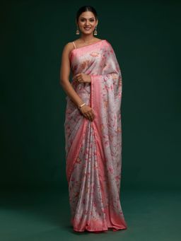 Koskii - Pink Sequins Taffeta Silk Saree with Unstitched Blouse