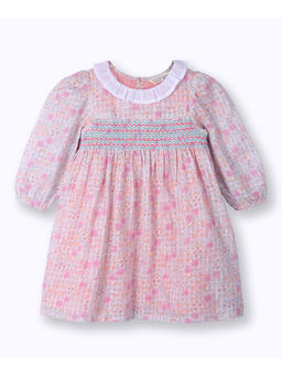 Beebay - Pink Floral Print Smocked Frill Collar Dress