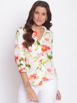 Latin Quarters - Floral Print Casual Shirt Top White