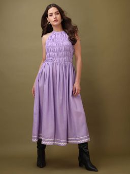 PURVAJA - Solid Fit and Flared Purple Halter Neck Dress