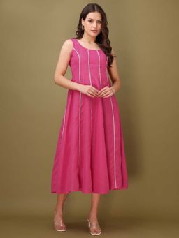 PURVAJA - Solid Fit and Flared Pink Sleeveless Dress