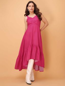 PURVAJA - Solid Fit and Flared Pink Sweetheart Neck Dress