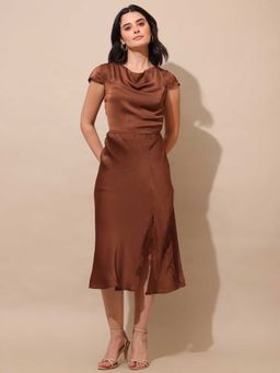 PURVAJA - Solid Fit and Flared Brown Satin Dress