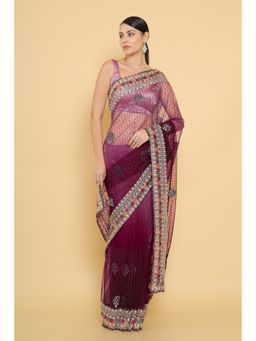 Soch - Maroon Net Saree & Embroidery and Stone Work with Unstitched Blouse